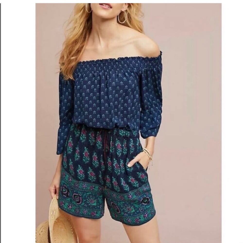 Anthropologie Ett:Twa Kaleo Blue Pink Floral Off Shoulder Romper Size Small